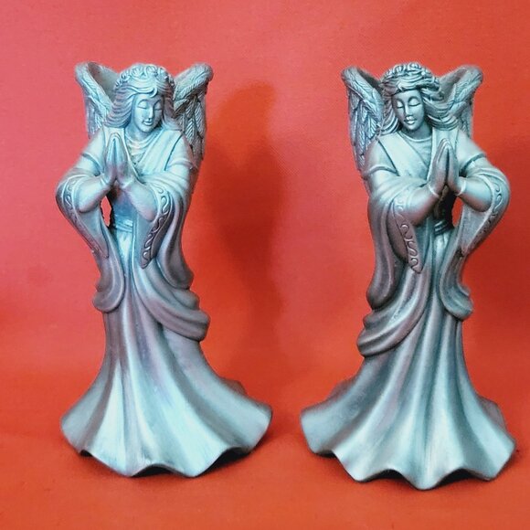 Vintage Metal Pewter Praying Angel Candle Stick Holder Set of 2 - Picture 14 of 14